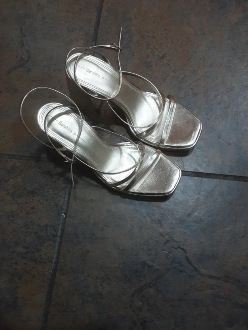 Bershka Metallic Gold Strappy Block-Heel Sandals